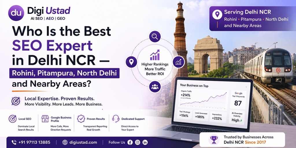 Digi Ustad SEO expert in Delhi NCR banner highlighting SEO services for Rohini, Pitampura, North Delhi and nearby areas, with Delhi landmarks, Google rankings, local SEO, business profile optimization, and AI visibility.