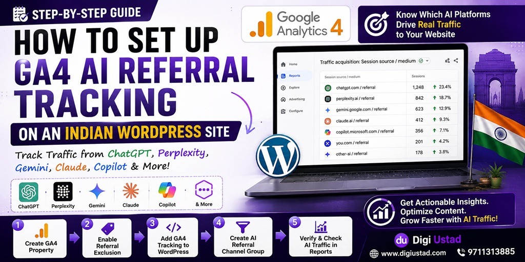 How to set up GA4 AI referral tracking on an Indian WordPress site, with Google Analytics 4, WordPress, ChatGPT, Perplexity, Gemini, Claude and Copilot traffic tracking illustrated step by step.