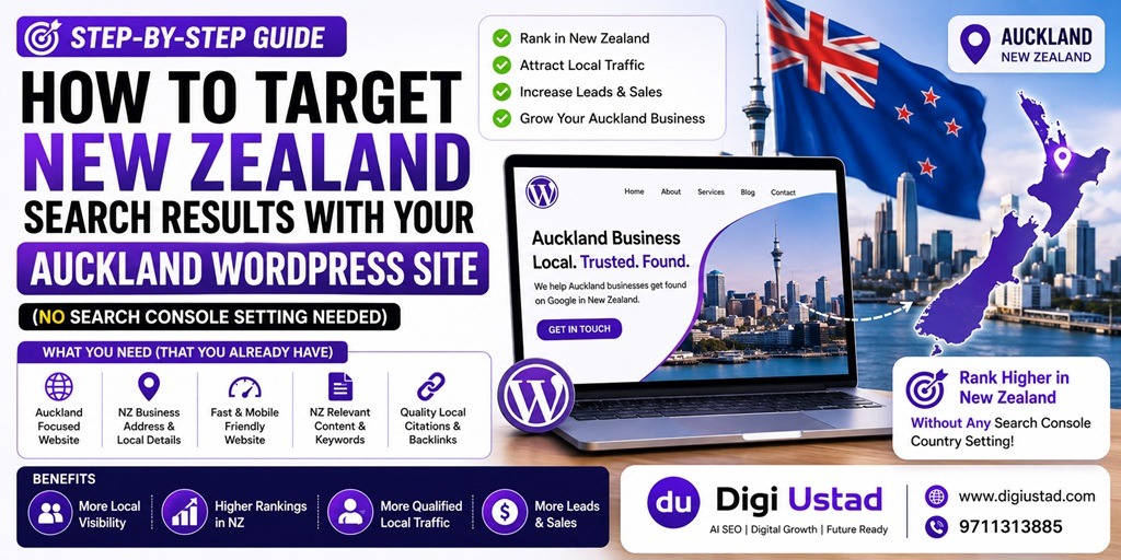 How to target New Zealand search results with an Auckland WordPress site without using a Google Search Console country setting, with local SEO, Auckland targeting, and Digi Ustad branding.