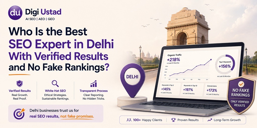 Digi Ustad SEO expert in Delhi banner highlighting verified SEO results, white-hat SEO, transparent reporting, and real Google rankings with a Delhi India Gate and analytics laptop.