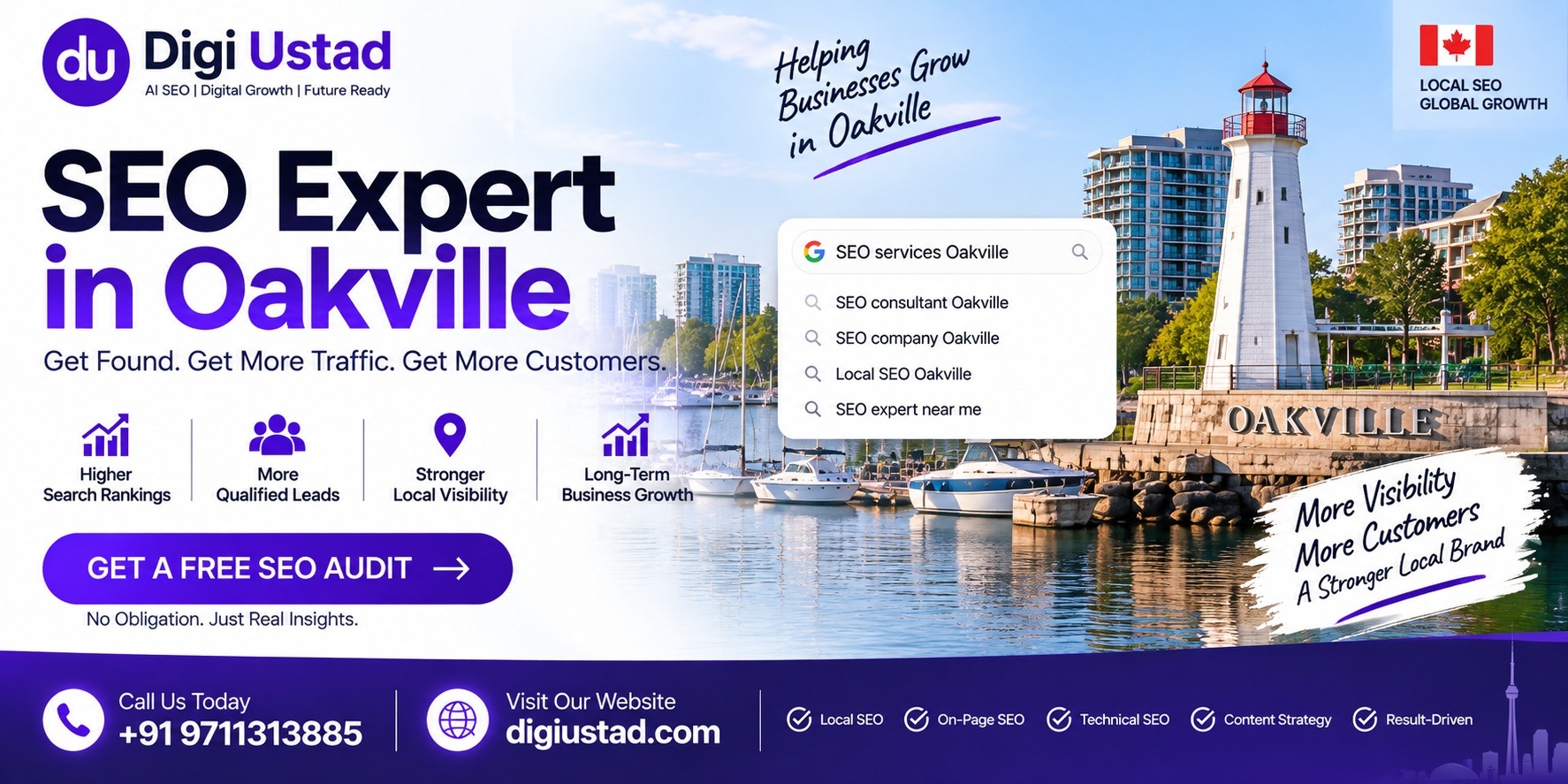 Digi Ustad SEO expert in Oakville, Ontario, promoting local SEO services to help businesses improve Google search rankings, attract qualified leads, increase local visibility, and grow organically. Free SEO audit available at digiustad.com.