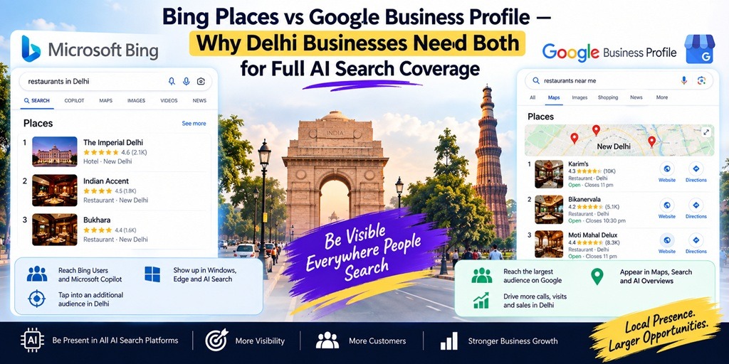 Bing Places vs Google Business Profile for Delhi businesses, showing how both improve local and AI search visibility.