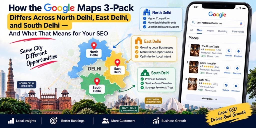 Google Maps 3-Pack comparison across North Delhi, East Delhi and South Delhi for local SEO
