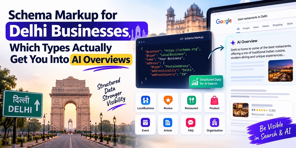 Schema markup for Delhi businesses showing LocalBusiness, FAQ, Review, Service, Product, Event, Article and Organization schema types, with a Google AI Overview example and India Gate in the background.
