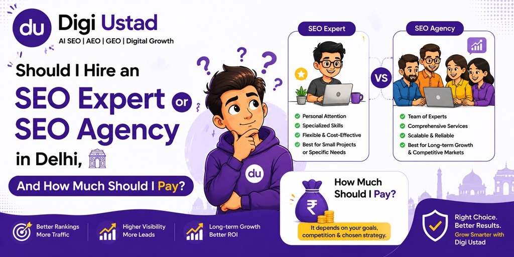 Digi Ustad banner asking whether to hire an SEO expert or SEO agency in Delhi, featuring a cartoon business owner, SEO expert and agency comparison, pricing guidance, and digital growth benefits.