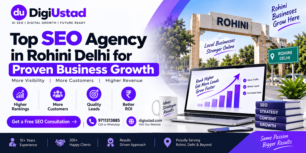 Digi Ustad, a digital marketing and SEO agency in Rohini, Delhi, promoting SEO services for proven business growth, higher Google rankings, more customers, quality leads, and better ROI. Features the Rohini landmark, SEO growth analytics, and contact details: 9711313885 and digiustad.com.